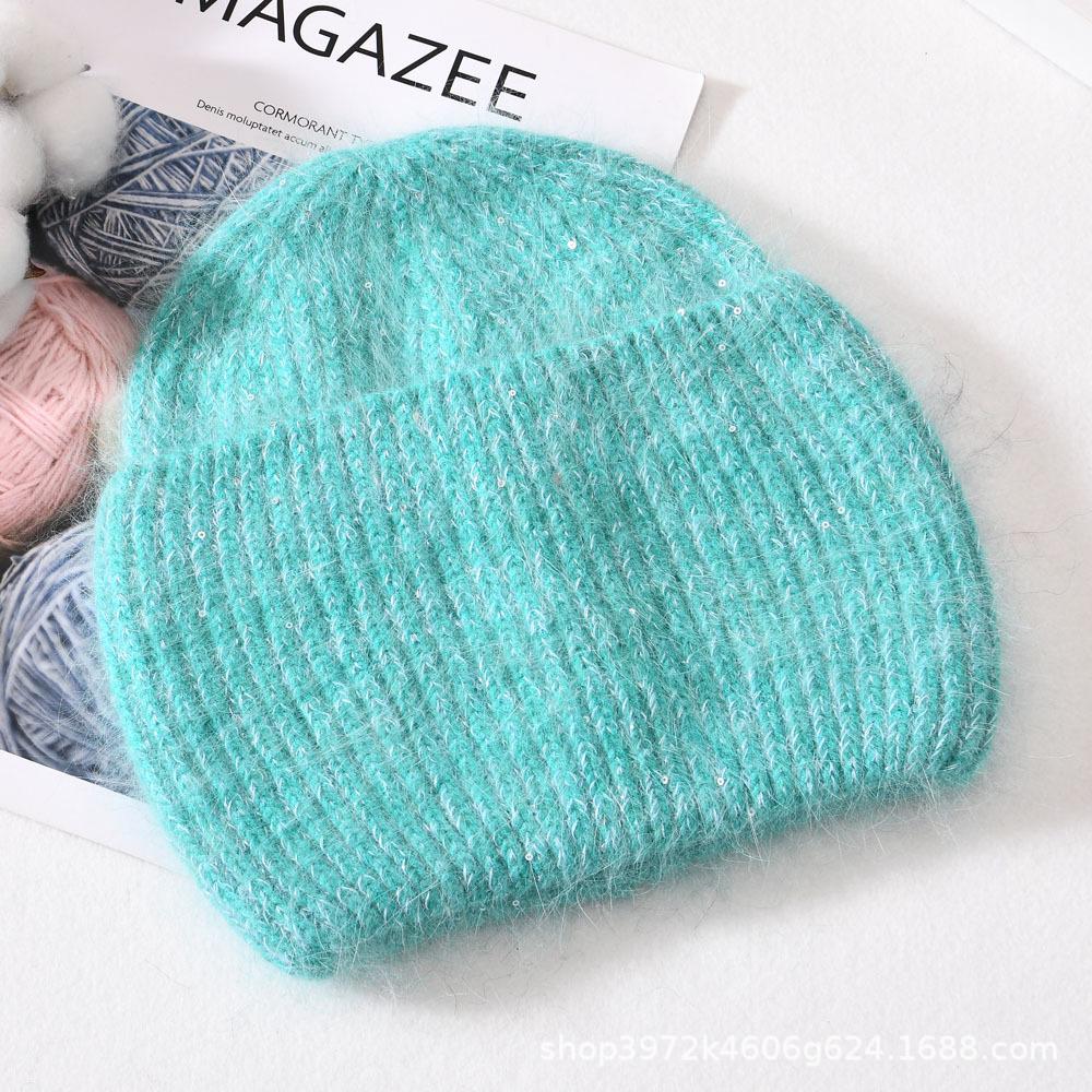 Autumn/Winter New Angora Long Plush Rabbit Fur Knit Hat, Casual Belt with Small Sequins, Warm, Thickened, Couple's Knit Hat