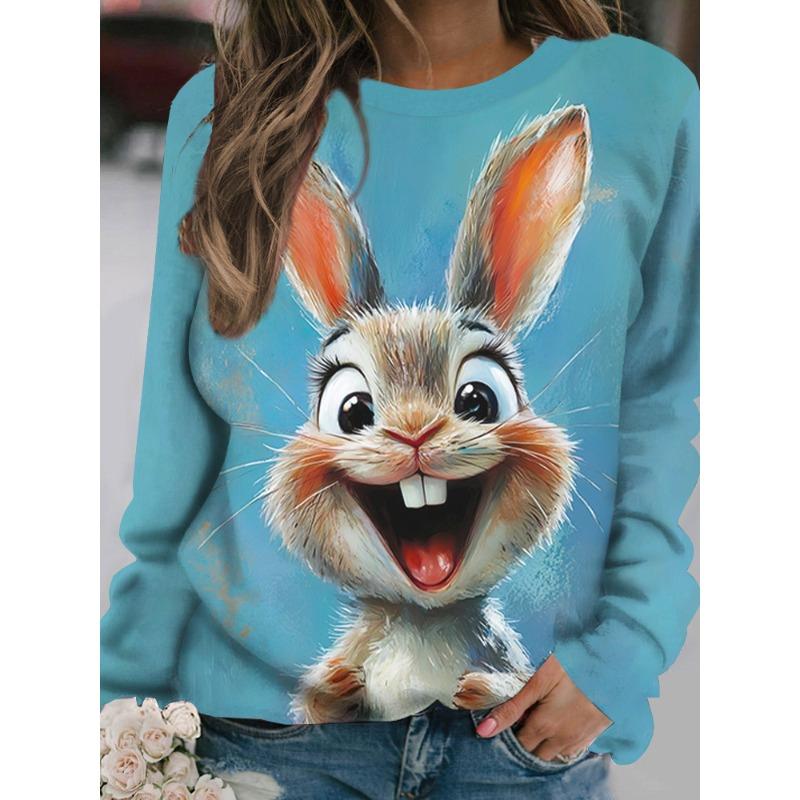 Women's Long-Sleeved T-Shirt for Fall Outdoor Casual Long-Sleeved Top Cartoon Funny Rabbit Print OverSize Women's Clothing