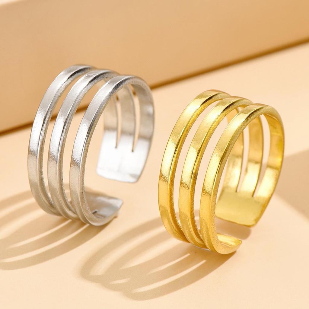 Cold Style Multi-Row Line Stainless Steel Ring for Women - Simple Geometric Metallic Accessory