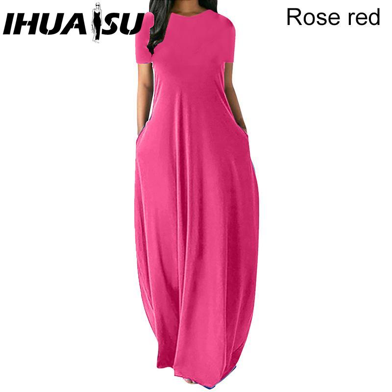 IHUASU Women Casual Loose Long Dress O-Neck Short Sleeve Summer Beach Dress Elegant Party Dress