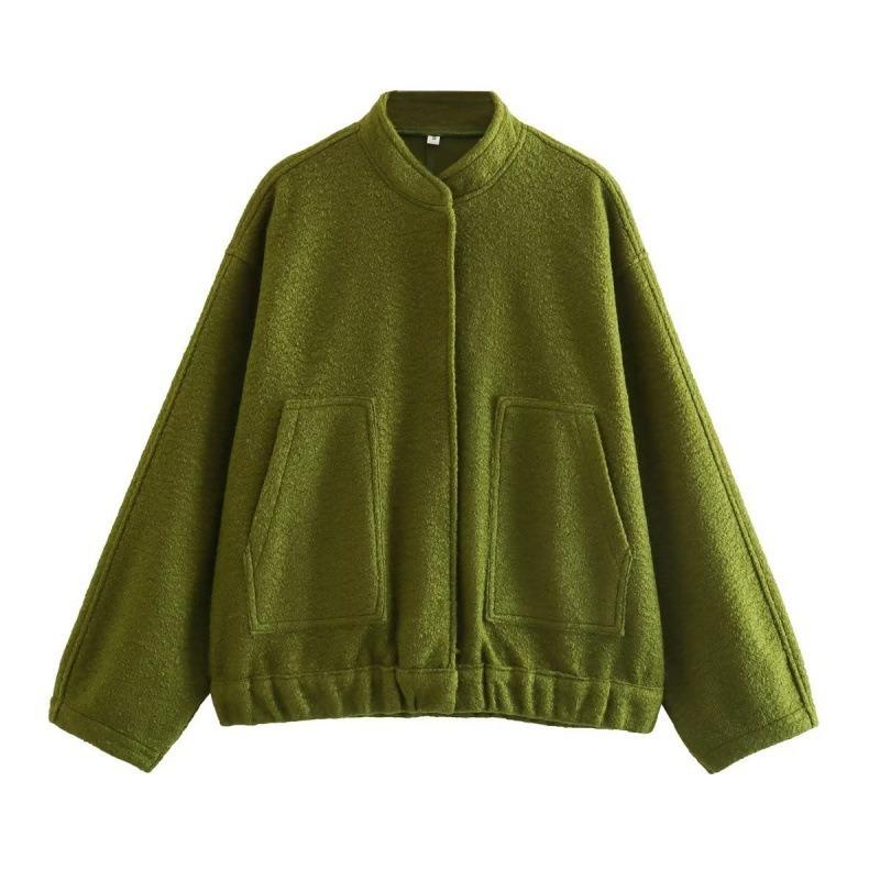 Women Fashion Vintage Pockets Woolen Jacket Autumn Casual Solid Long Sleeve Coat Snap Button Loose Outerwear