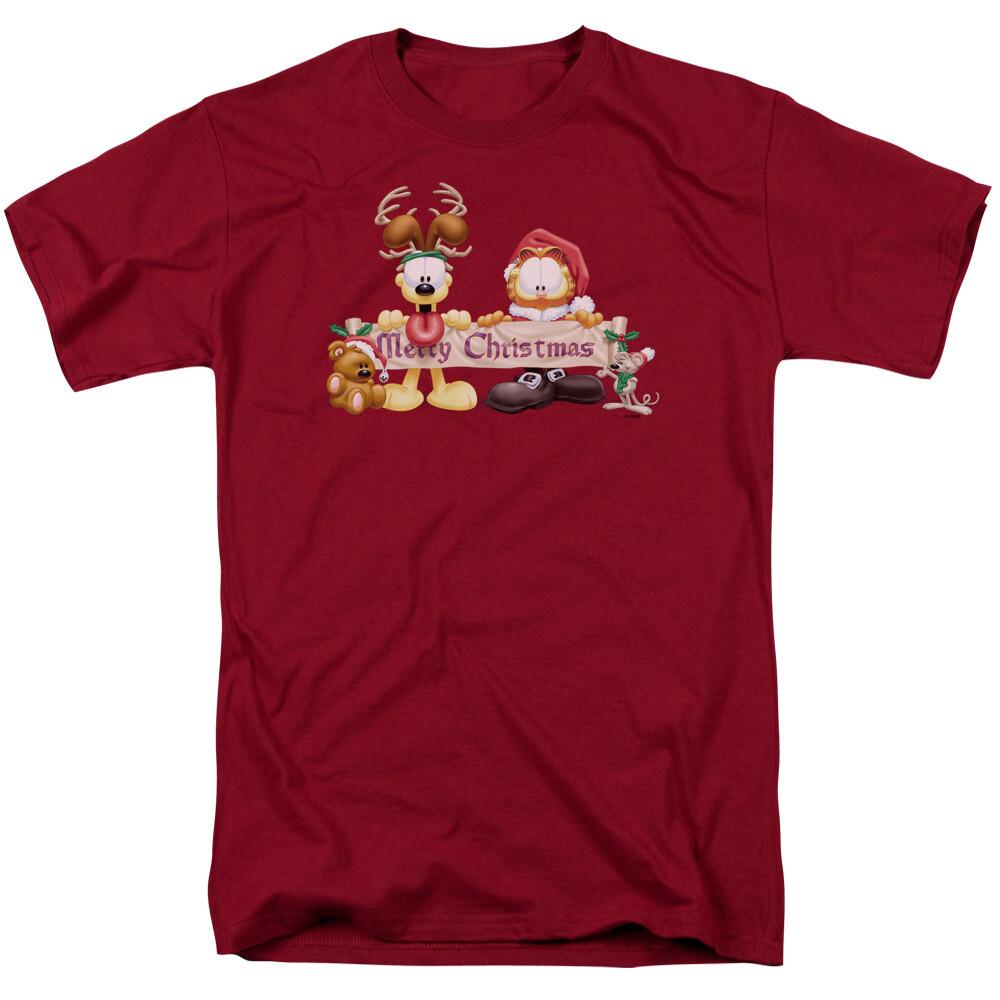 Garfield Christmas Banner T-shirt Mens Licensed Odie Comics Tee Cardinal XXXL
