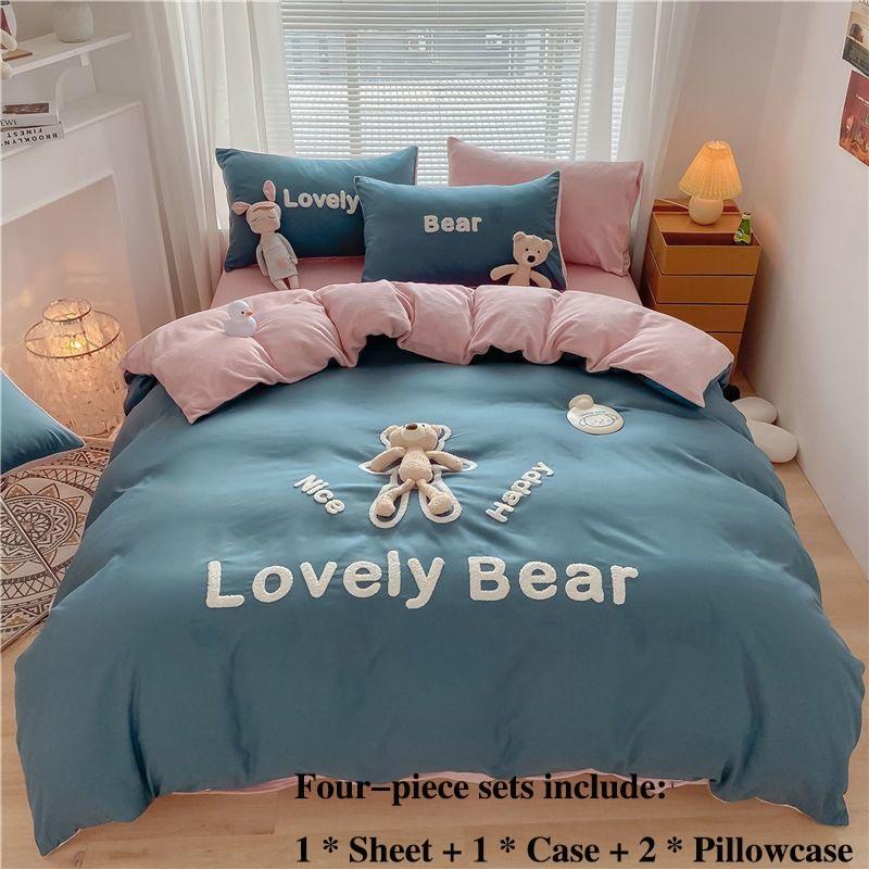 Milk Velvet Bed Four-piece Bed Single Suitbed Bedding Small Bear Model Princess Style Home Bedding