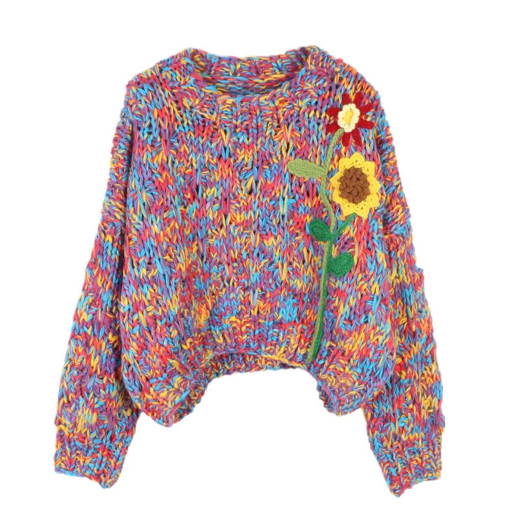 Colorful Retro Crochet Pullover: Long-Sleeved Crewneck Sweater for Autumn/Winter