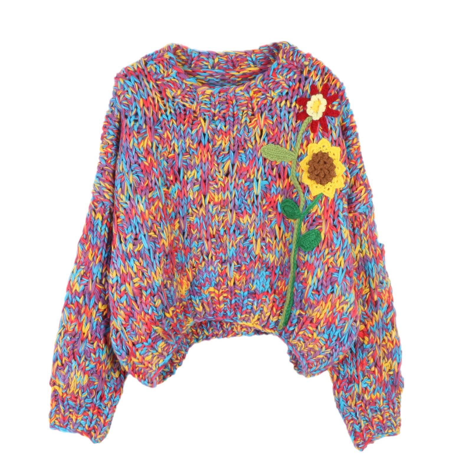 

Красочный Пуловер в Ретро Стиле, Связанный Крючком: Свитер с круглым вырезом и длинными рукавами для осени/зимы Small