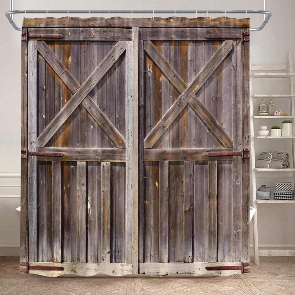 Vintage Bauernscheune Holztür Duschvorhänge Retro Texasstern Braun Weiß Holzbrett Badevorhang Set Polyester Badezimmer Dekor