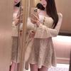 French Lace Hollow Long Sleeve Dress For Ladies Autumn Winter Chic Aline Short Skirt
