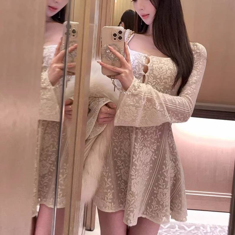 French Lace Hollow Long Sleeve Dress For Ladies Autumn Winter Chic Aline Short Skirt