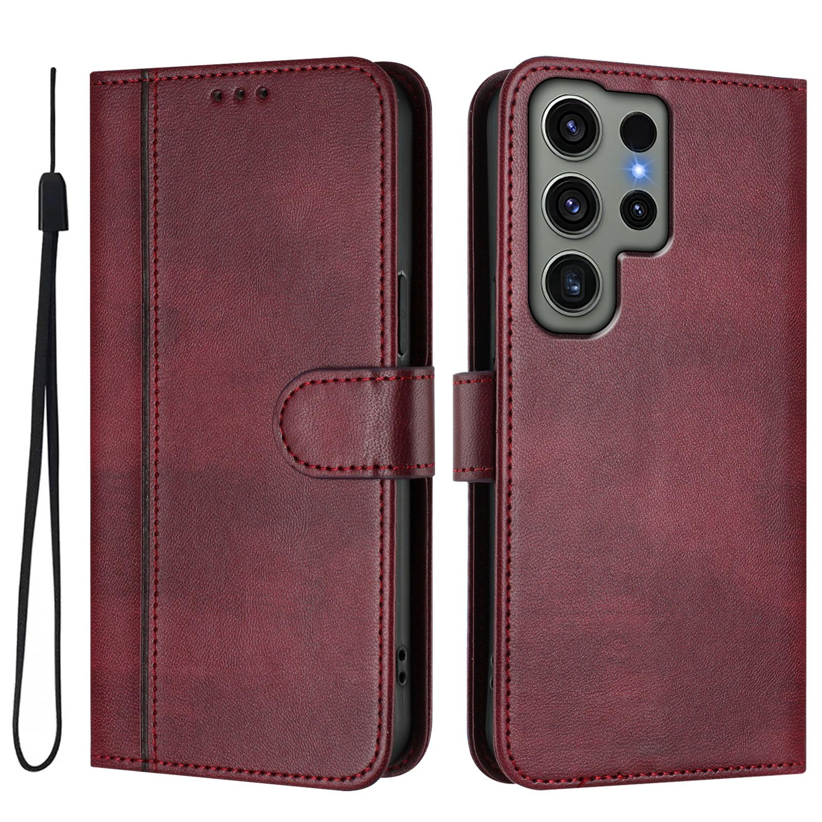 

For Samsung Galaxy S23 Ultra Cases Wallet Stand Retro Texture Leather Phone Cover with Lanyard Wine Red