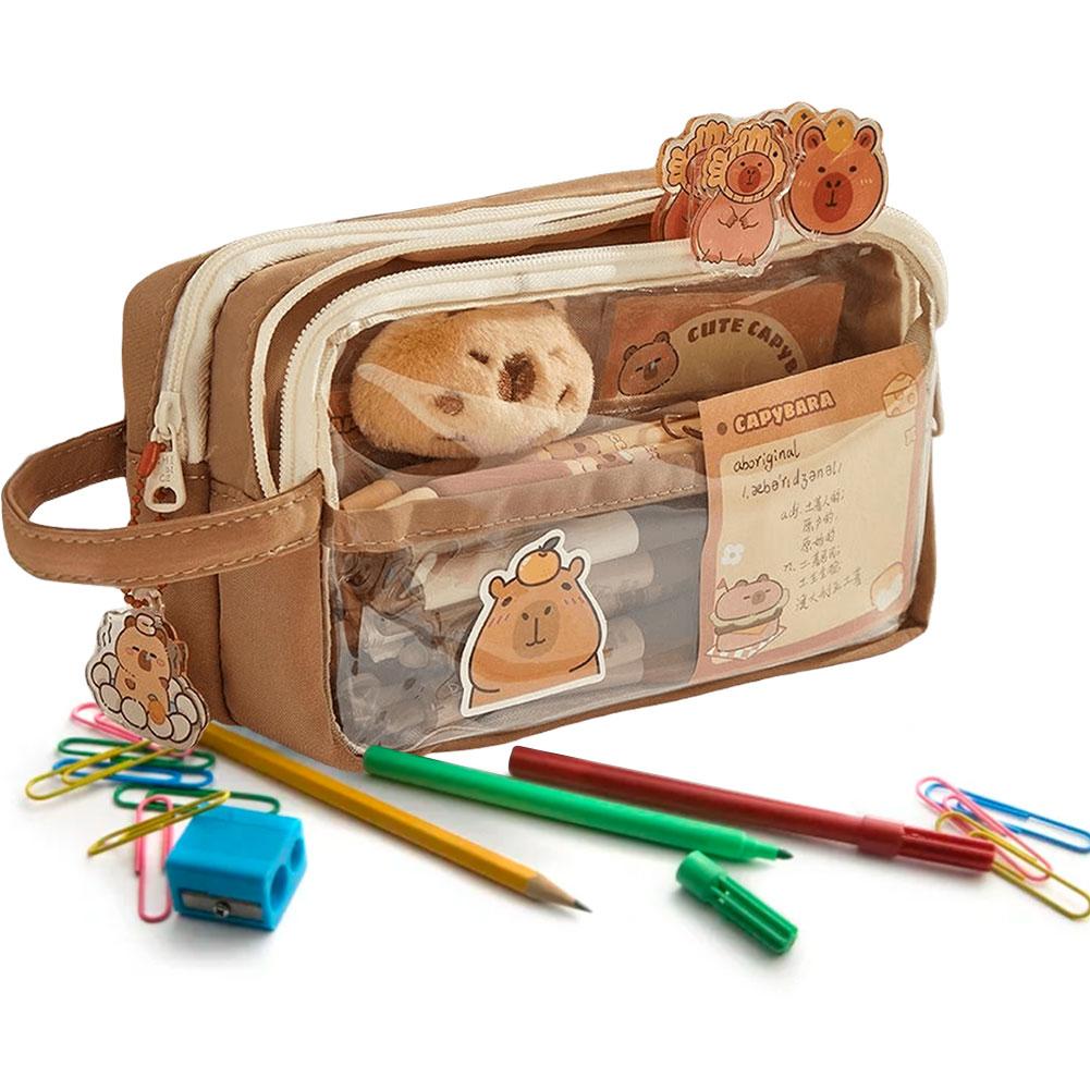 Capybara Kawaii Pencil Case with Compartments Pencil Pouch with Sticker Pendant Stationary Bag for Office School