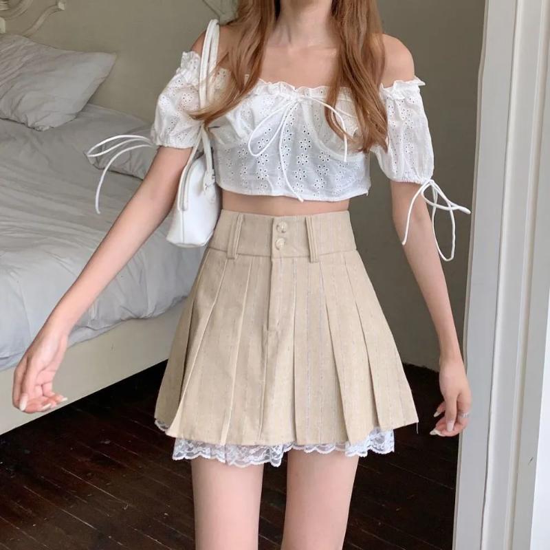 Lace-trimmed Pleated High-waisted A-line Skirt New Style Anti-exposure Slimming Hot Girl