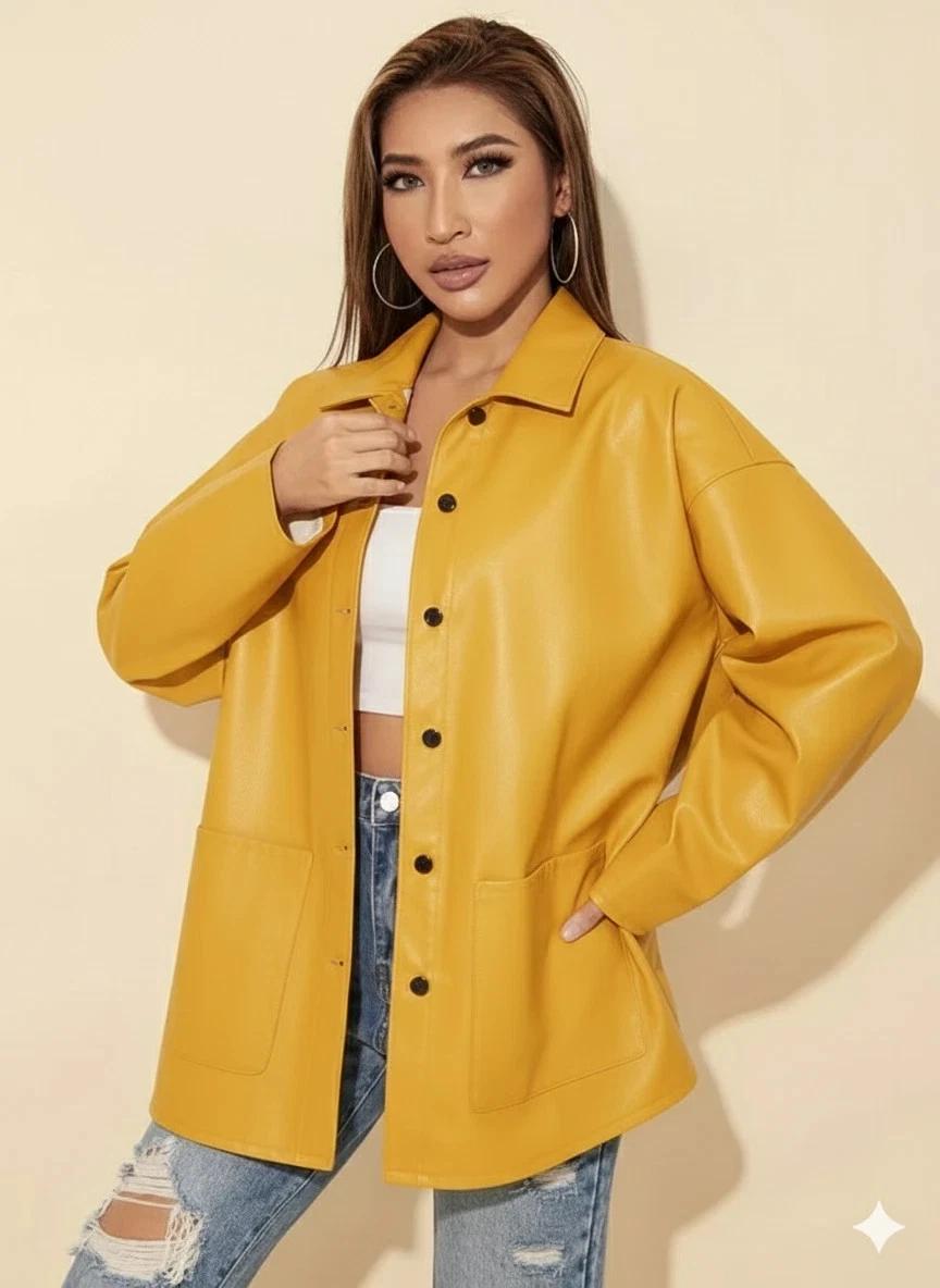 Кожа ягненка Стильная рубашка Формальная Повседневная Натуральная Желтая Мягкая Женская Ручная работа 3XL жёлтый