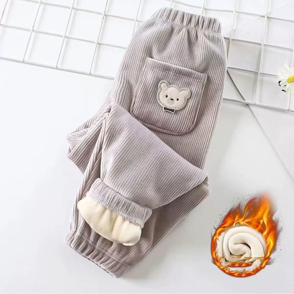 Autumn Winter Children's Fleece-lined Corduroy Pants Stylish Embroidery Casual Warm Trousers for Boys Girls