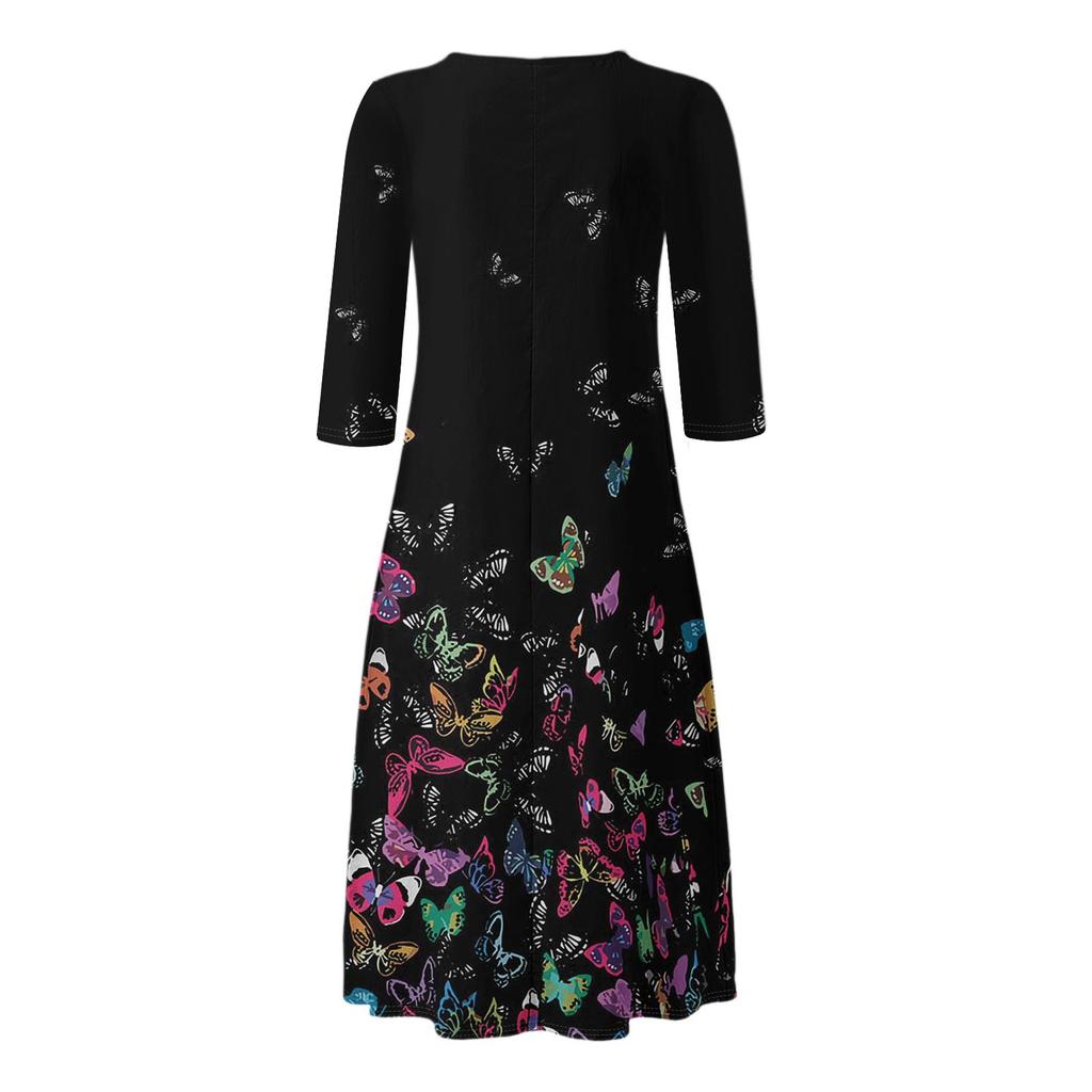 Women's Summer Casual V-Neck Button Vintage Floral Print Three-quarter Sleeve Long Dress With Pockets