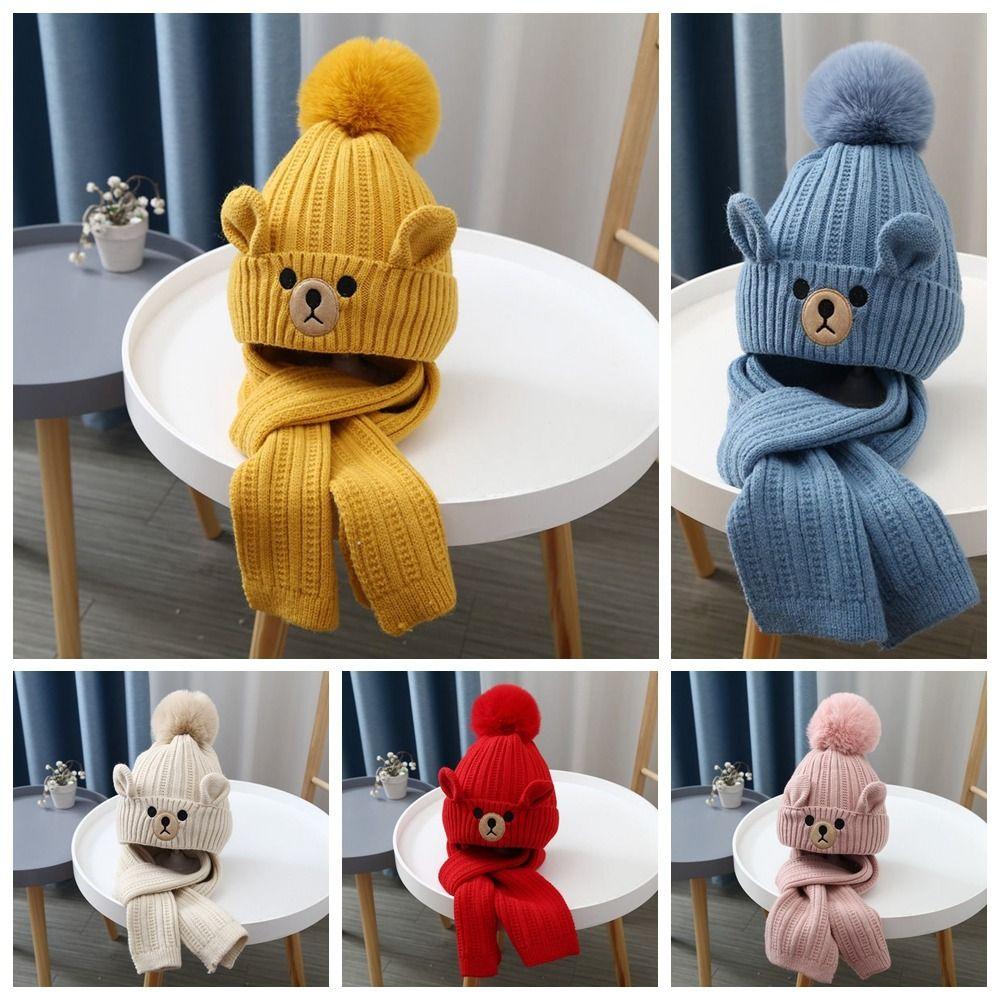 Knitting Wool Beanie Plush Warm Knitted Cap Comfortable Bear Children Scarf Hat Set Baby