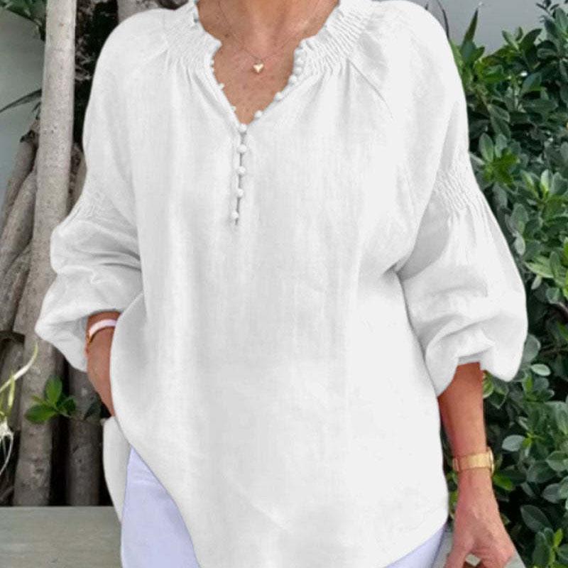 Fashion Solid Loose Shirts Women Summer Casual Long Sleeve V Neck Button Blouses and Tops Daily Elegant Top