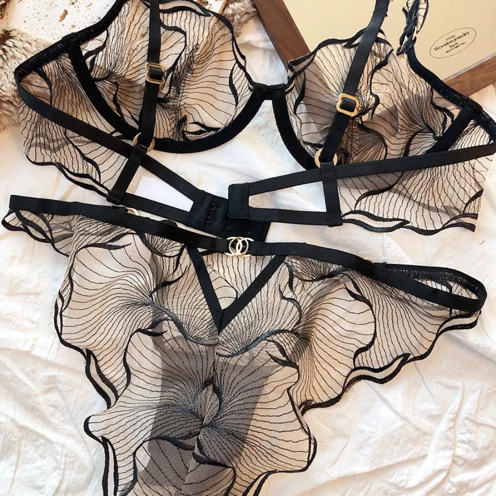 French Ultra Thin Underwear Set Sexy Mesh Breathable Bras Women Summer Lace Lingerie Black Temptation Intimates Briefs Sets
