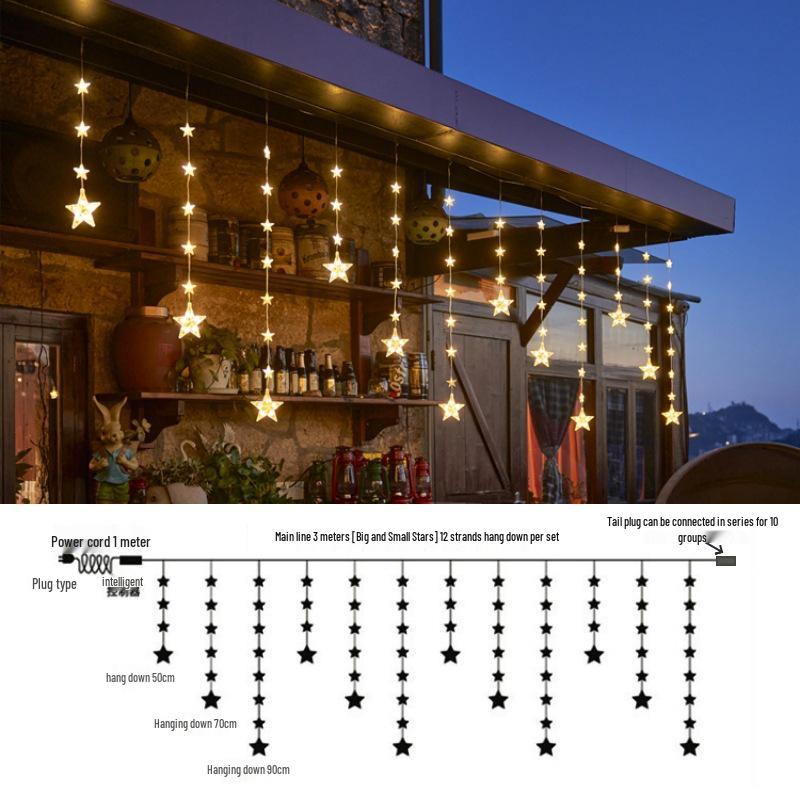 Solar-Powered Star LED Curtain Lights for Outdoor Balcony Decoration Standard Plug, Connectable, 8 Modes