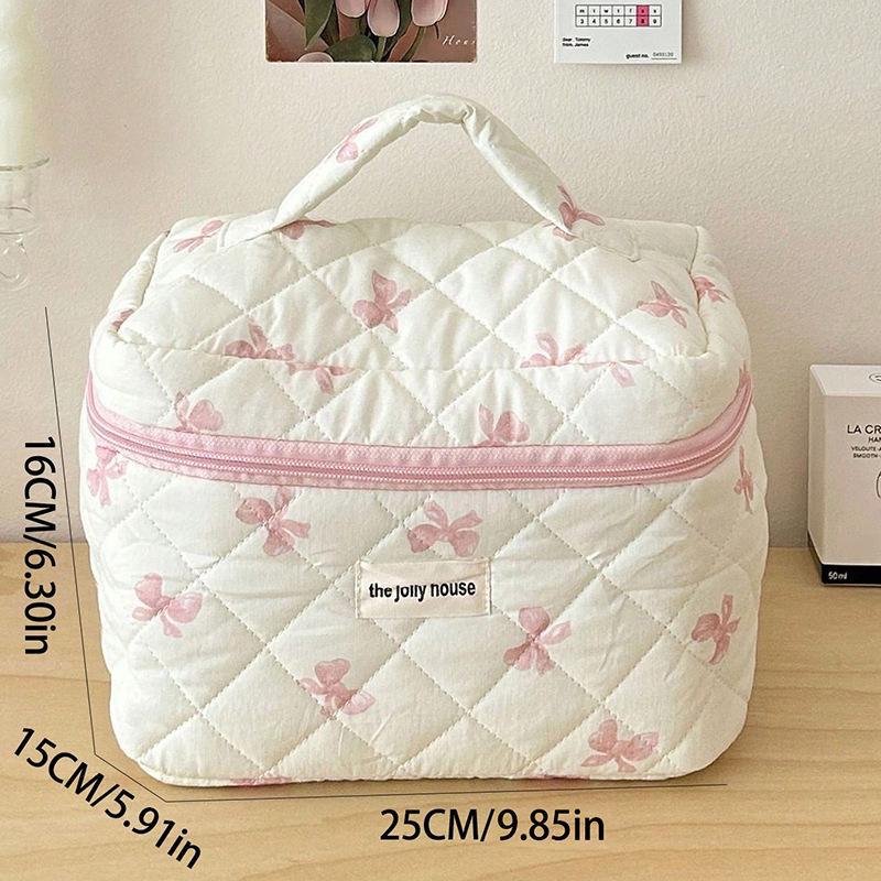 Cherry Bow Quilted Cosmetic Bag - Large, Fashionable, High-End Toiletry Storage