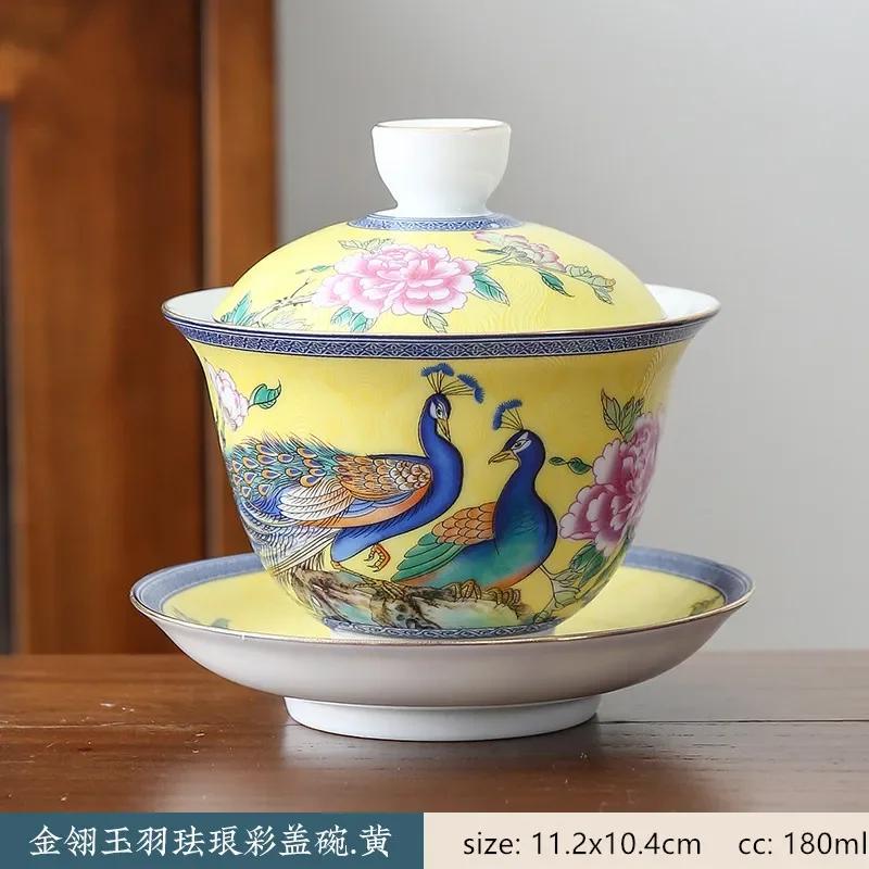 180ml Jingdezhen Ceramic Gaiwan Enamel Color with Cover Tea Cup Sancai Tea Bowl Chinese Porcelain Tea Set Household Tea Infuser
