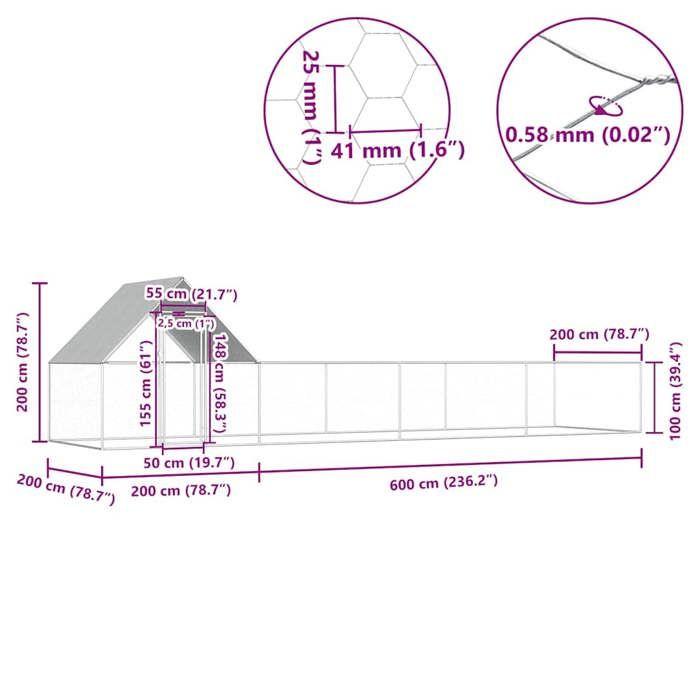 VidaXL Poulailler Enclos Clapier Cage Animaux Lapin Canard 8x2x2 m Acier 144558