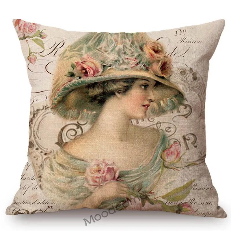 European Royal Court Victorian Era Lady Hat With Flower Elegant Sofa Throw Pillow Cover Classic Vintage Linen Decor Cushion Case