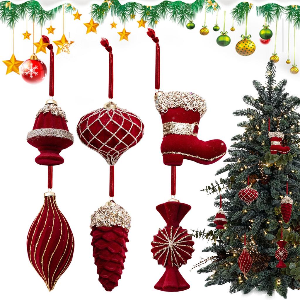 6pcs Wine Red Plush Candy Pine Cones Christmas Tree Decoration Flocking Christmas Themed Balls Ornament For Living Room
