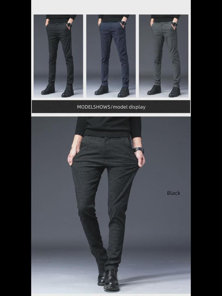 Heren Slim-Fit Zwart Ruit Katoen-Linnen Herfst Casual Wafel Broek