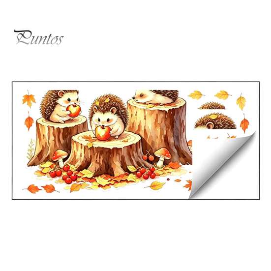 Fall Seasonal Home Decor Little Hedgehog Tree Stump Static Sticker, Watercolor Decorative Window Glass Stickers Decal, Reusable PVC Cling for