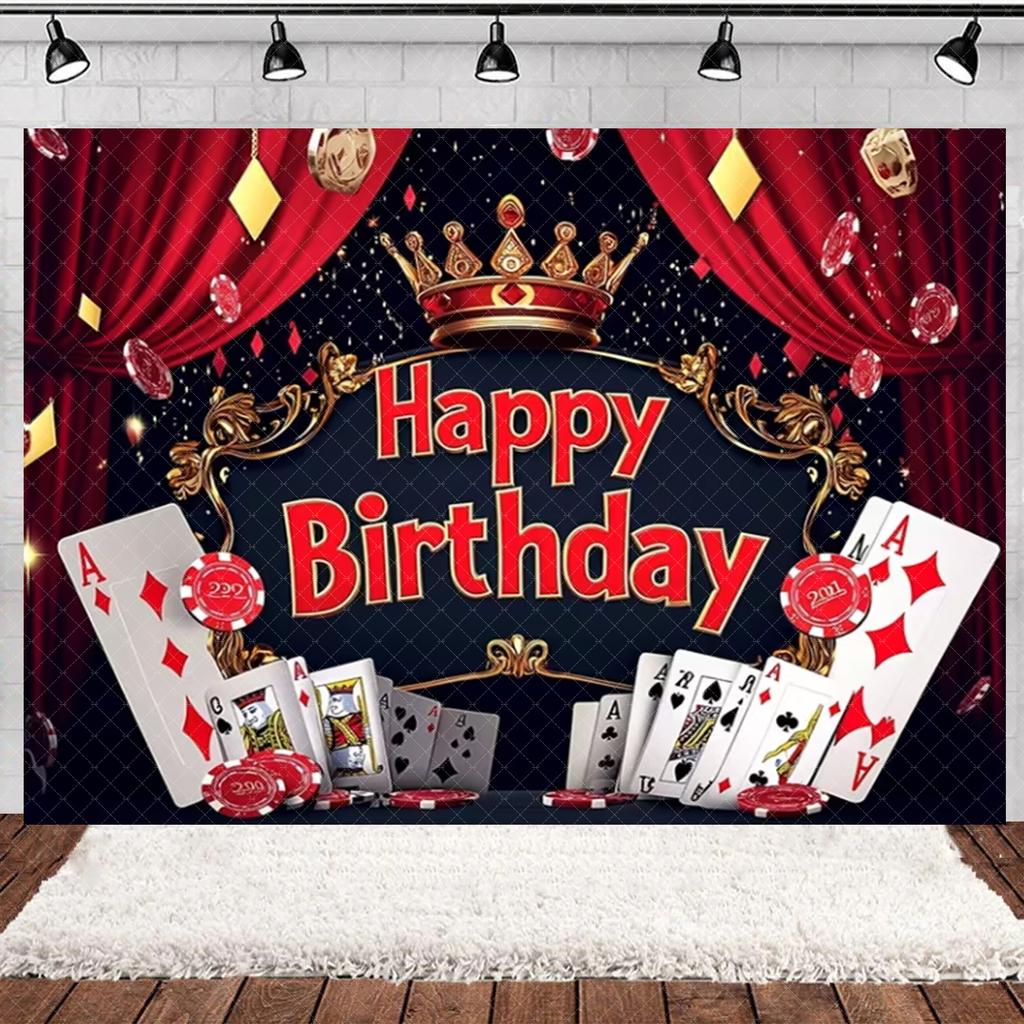 Casino Poker Chips Theme Birthday Party Decorations Playing Cards Money Golden Glitters Red Curtain BalloonS Cake Topper Banner