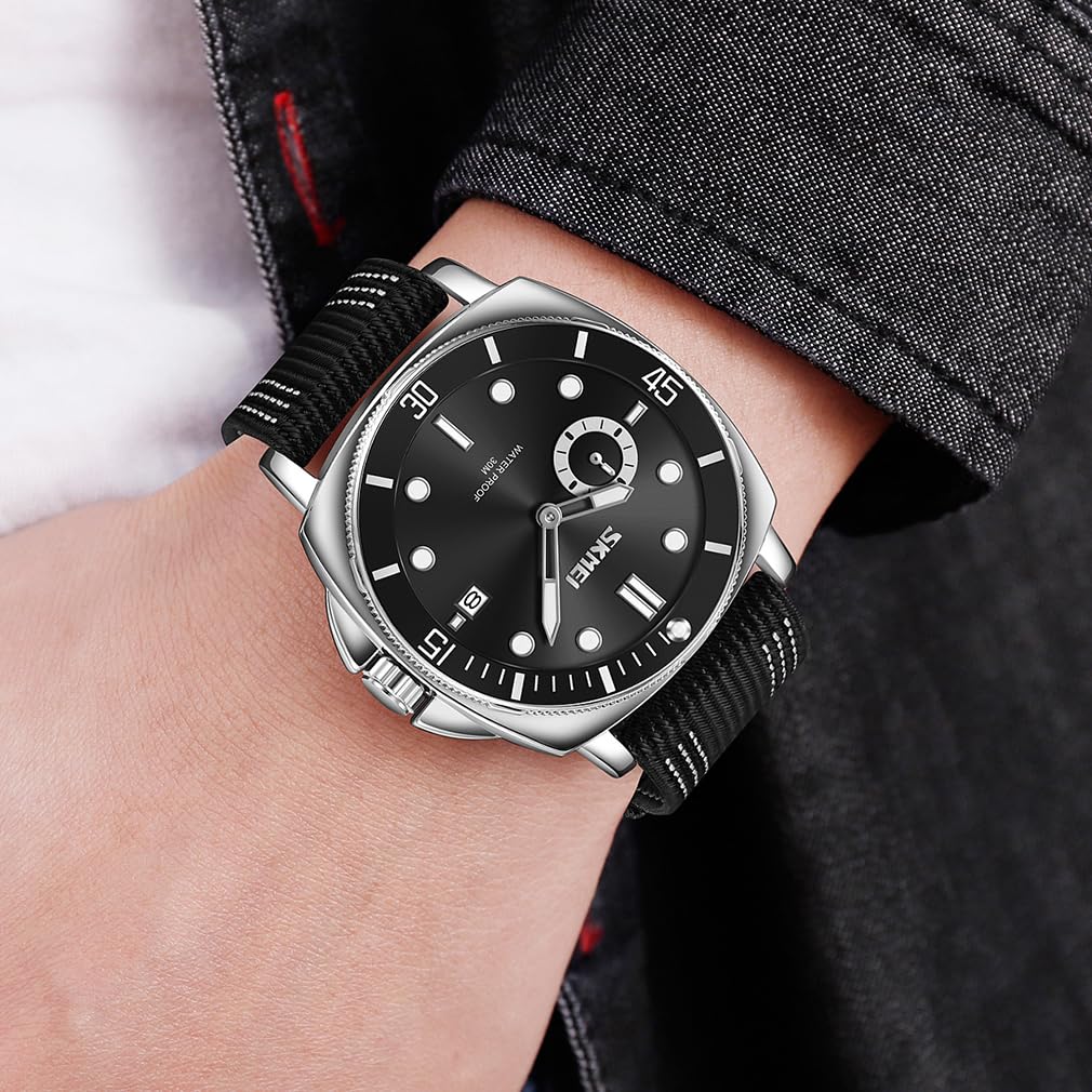 Watch for Sports Black Arm Watch Stylish Brand Nylon Strap Watch Waterproof Large Casual Business Analog Fluorescent Luxury Present Black Watch for