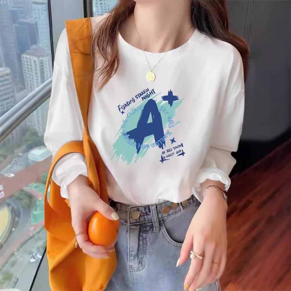 White Cotton Womens Long Sleeve Tee Korean Round Neck Base Layer Plus Size Casual Autumn Womens Top