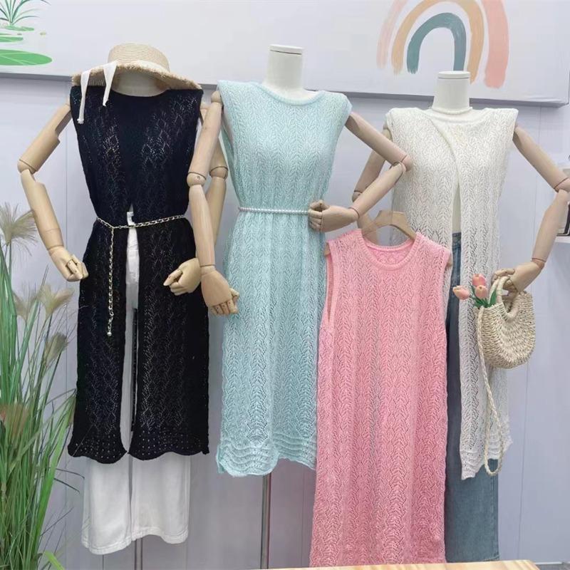 Fashion Knitted Cardigan Sleeveless Lace Dress Retro Hollow Out Sun Protection Women Cross Covers Up Summer Elegant Top Thin Korean Shirt Clothing