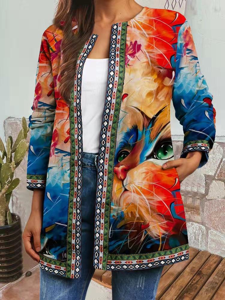 Women's Crew Neck Long Sleeve Cardigan Oversized Vintage Ethnic Print Plus Size Open Front Jacket Casual Outerwear
