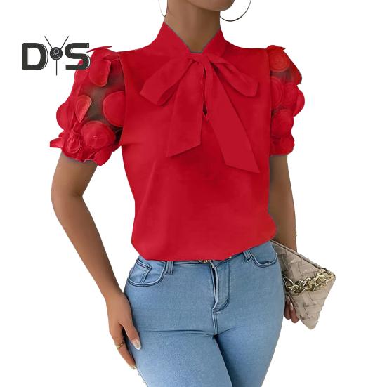 Damen-Shirt mit Schleifenausschnitt, Mesh-Jacquard, kurze Ärmel, Freizeithemd, einfarbige Bluse für den Alltag