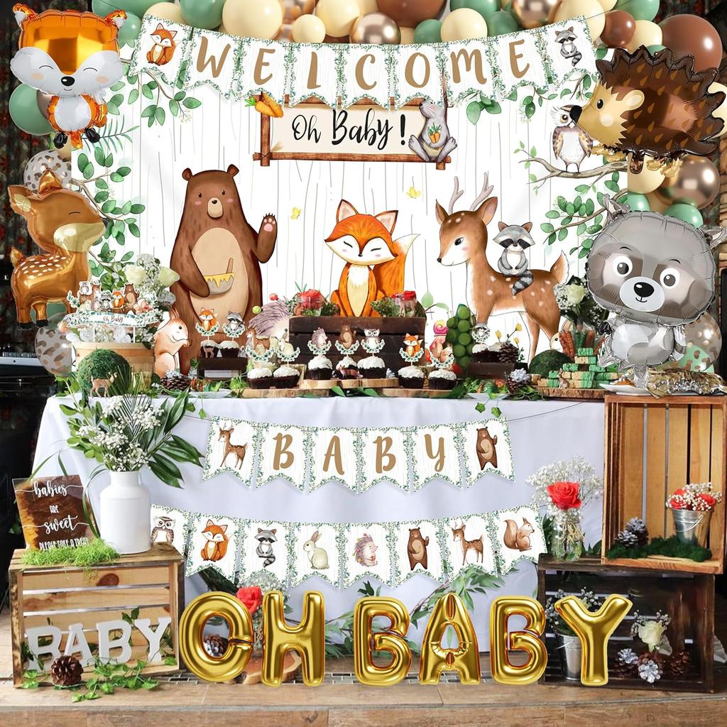 BORAMDO Woodland Animals Baby Shower Decoration Pack Forest Animal Neutral Gender Reveal Party Supplies Woodland Themed Birthday Party Ideas Set 106