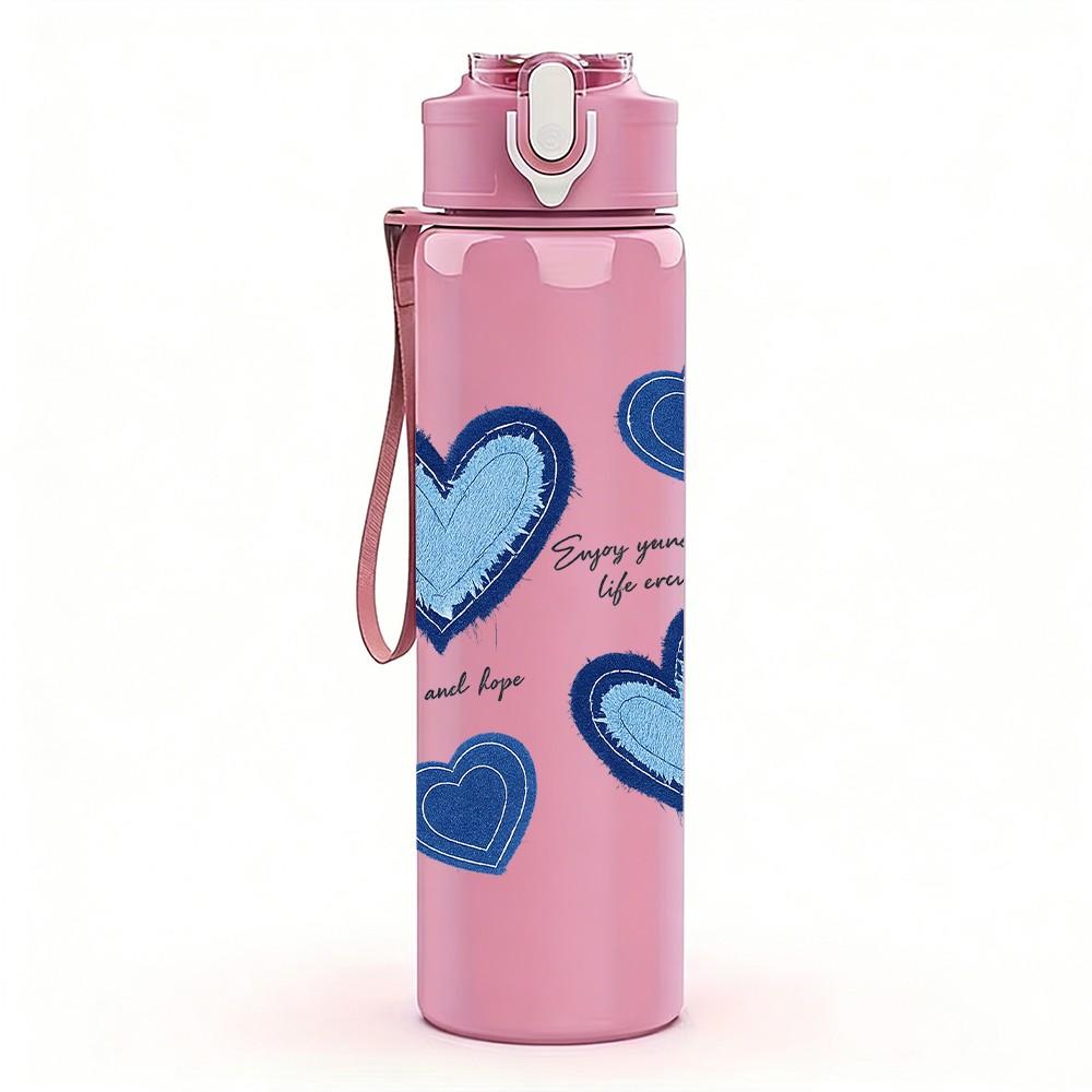 1PC Stacked Blue Pastel Heart Print 750ml Color Plastic Sports Water Bottle Leakproof Flip Straw Lid Suitable for Sports Office Home Use