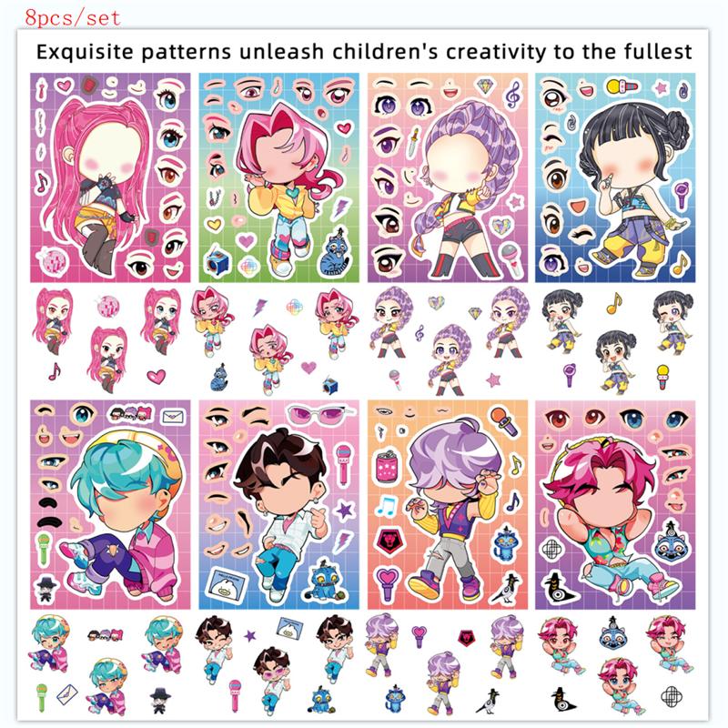 8 Pcs/Set Kpop Demon Hunters Stickers Make Your Own Diy Game Make A Face Puzzle Sticker Waterproof Jigsaw Assemble Decal Toy Gift