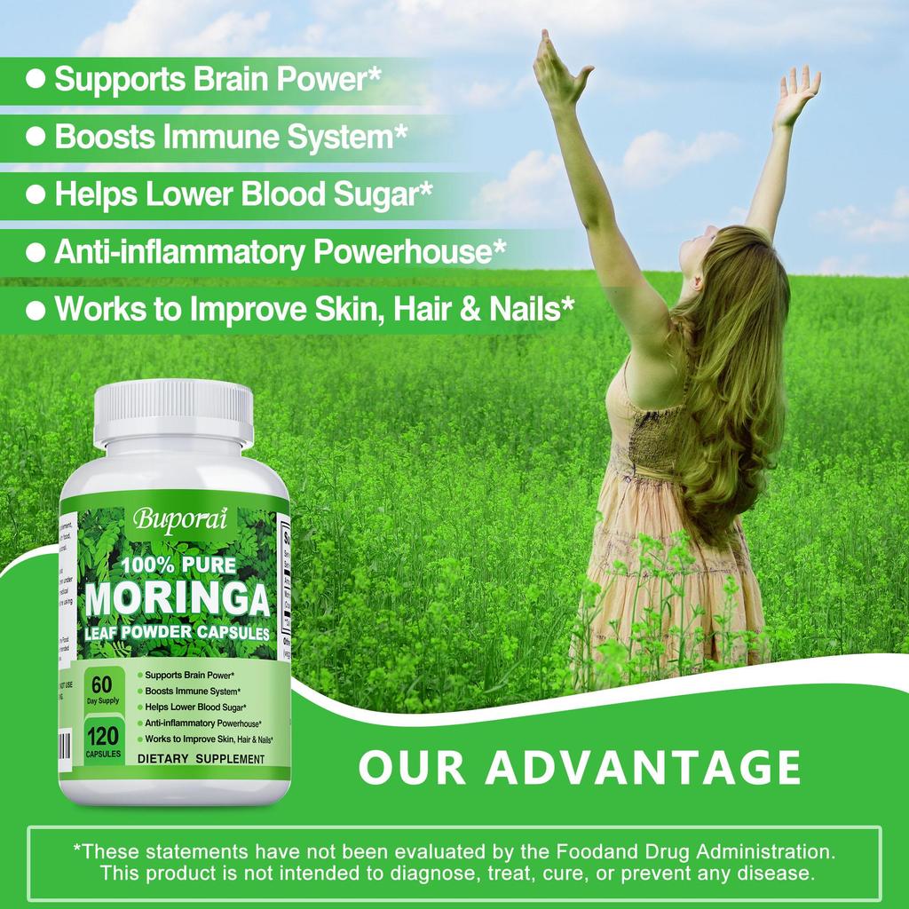 Moringa Capsules, Pure Oleifera Leaf Powder Pills, 1200mg Per Serving, Immune System, Metabolism,  Non GMO