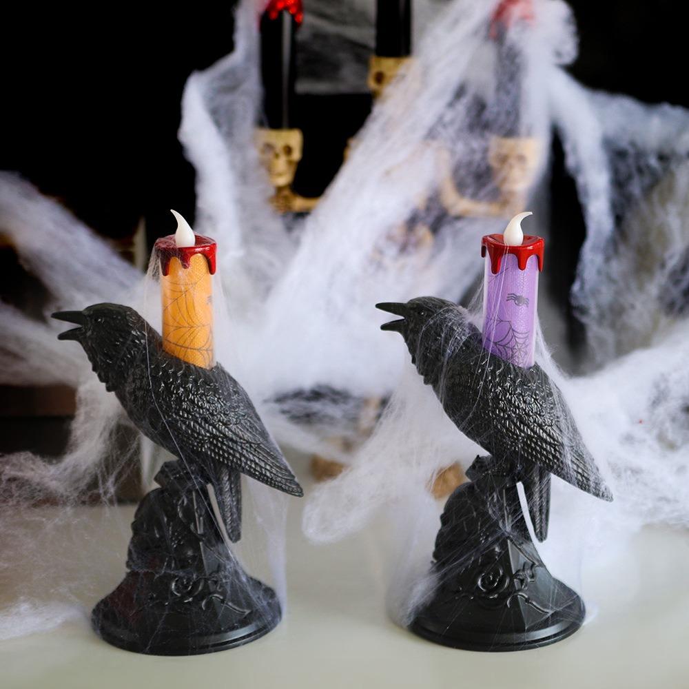 Gothic Raven LED Candles Realistic Table Lamp Black Crow Statue Glowing Candlestick Halloween
