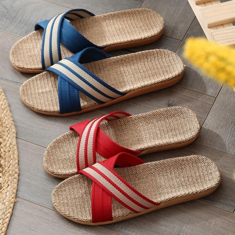 Sommer Leinen Sandalen rutschfest verschleißfest schweißabsorbierend kühl nicht-klebend Füße erfrischend Herren- und Damen Hausschuhe Kreuz Hausschuhe