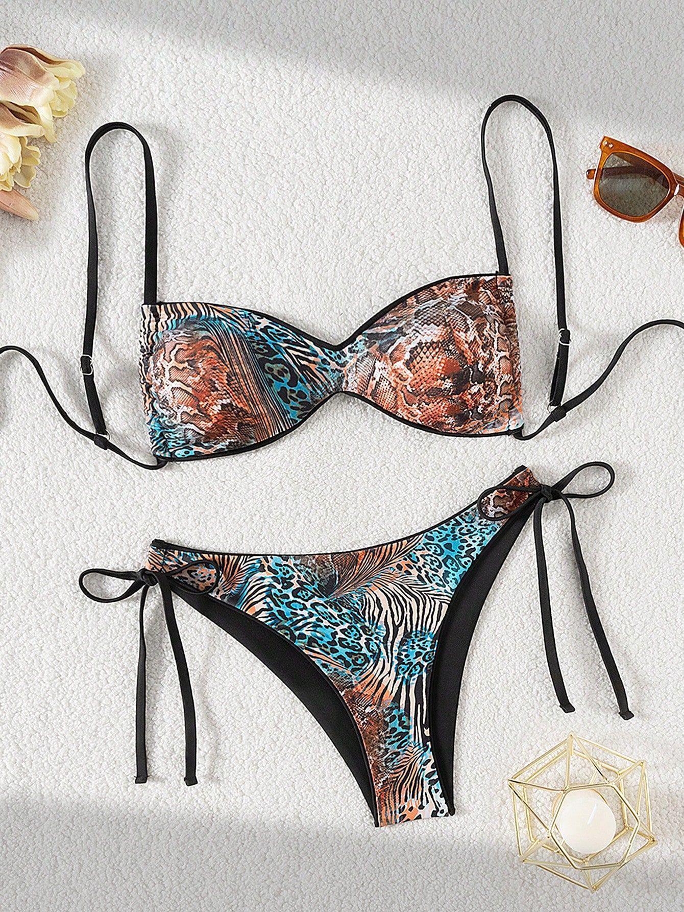 TS JYL-SW029 Leopard Lace-Up Three-Piece Bikini, Sexy Three-Point Swimwear For Beach S
