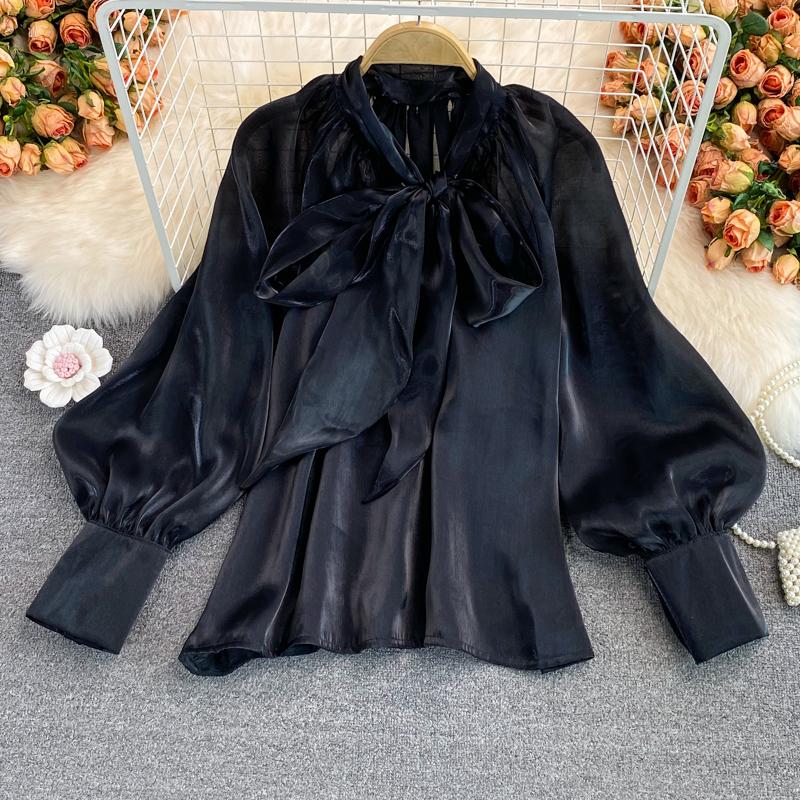 Sweet Women's Blouse Solid Color Butterfly Tie Lace-up Collar Long Sleeve Loose Stright Blusas Shirt Female All-matched Fashion