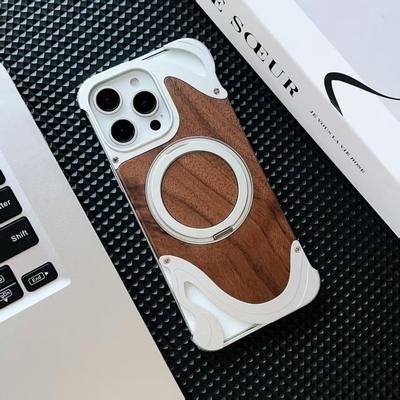 Compatible Apple 17 Promax Borderless Magnetic Walnut iPhone 16 Pro Rotating Bracket Phone Case