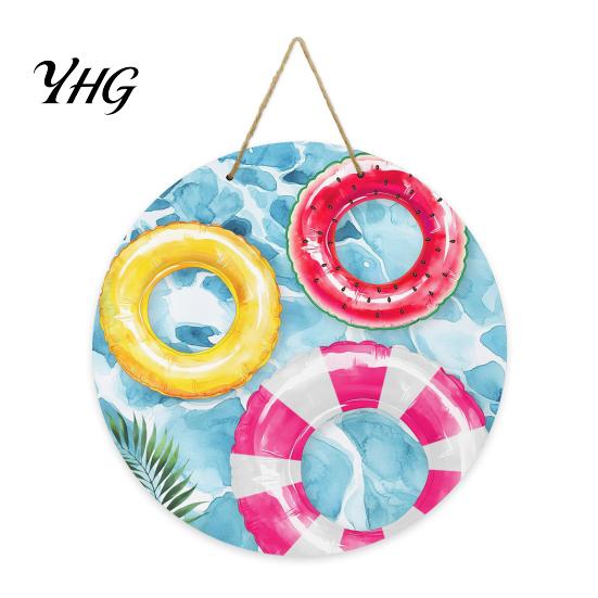 Holiday House Ornament Round Wooden Door Hanger, Watercolor Beach Welcome Sign, Hello Sunshine Decorative Sign Please Wall Plaque for Summer