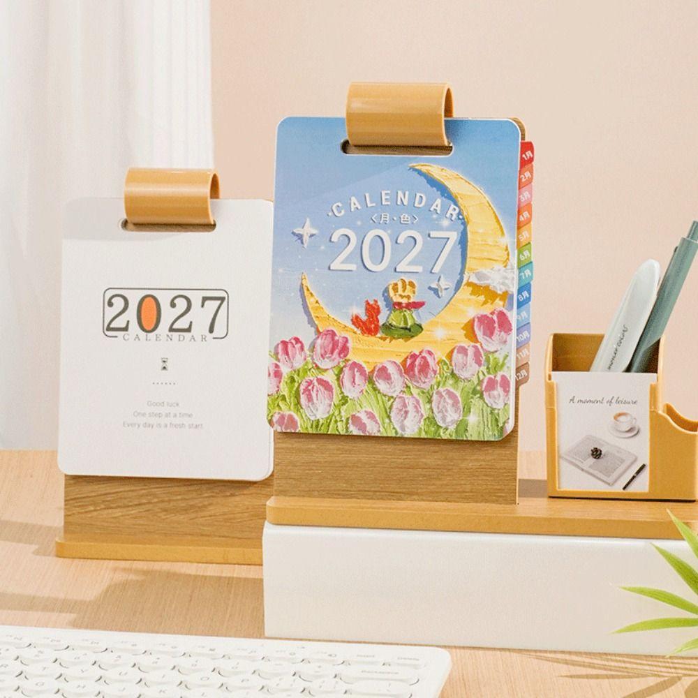 Wood 2027 Desk Calendar Multifunctional 2027 Calendar Organizer Pen Holder Calendar Home Office