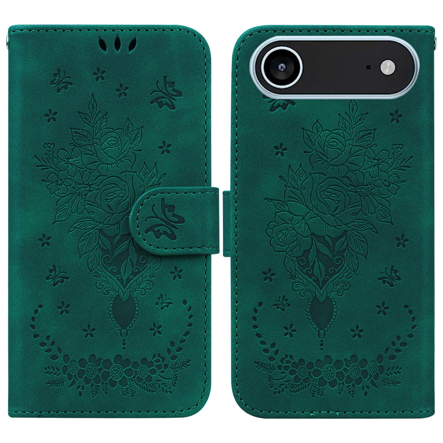 

For iPhone 17 Air Case Butterfly Flower Imprint PU Leather Wallet Phone Cover with Strap Green