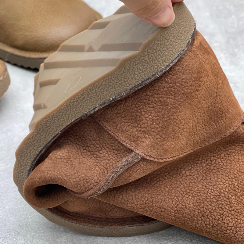 Johnature Retro Handgefertigte Echtleder Stiefel Runde Zehenpartie und Flachsohlige Mid-Calf Stiefel