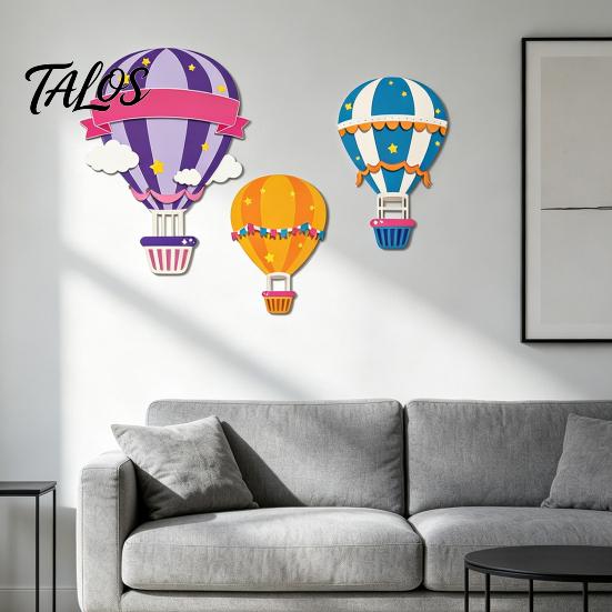 Childrens Bedroom Wall Accents 3Pcs Wooden Hot Air Balloon Art, 2D Flat Cartoon Hanging Ornaments, Colorful Kindergarten Decorations for Living