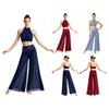 Completo Crop Top con Scollo all'americana e Pantaloni a Gamba Larga con Elastico in Vita, Patchwork in Rete con Strass, con Pantaloncini Integrati per Performance di Danza e Clubwear